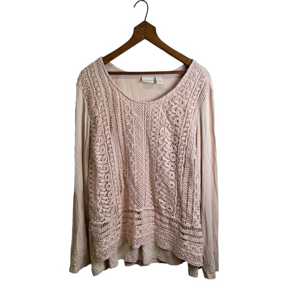 Chico’s Blouse‎ Women’s Sz. XL Cream/Light Pink 3/4 Sleeve, Round Neck - Picture 1 of 9